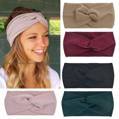 Women Sport Headband Solid Color Twist Knitted Cotton Wide Turban